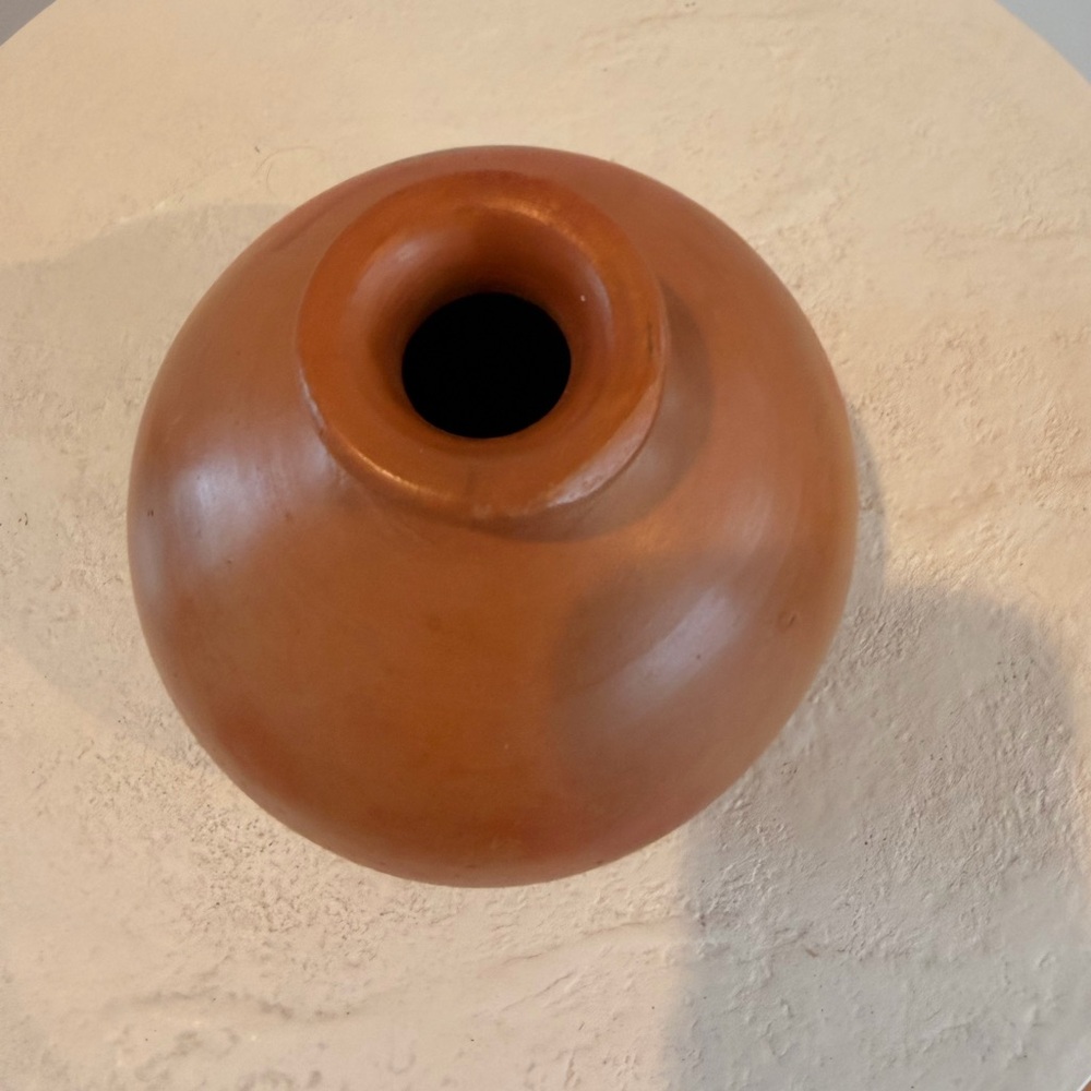 VINTAGE 1980’s TERRACOTTA ROUND ART BALL POTTERY VASE BLACK GLAZED CIRCLE BOHO - Picture 7 of 8